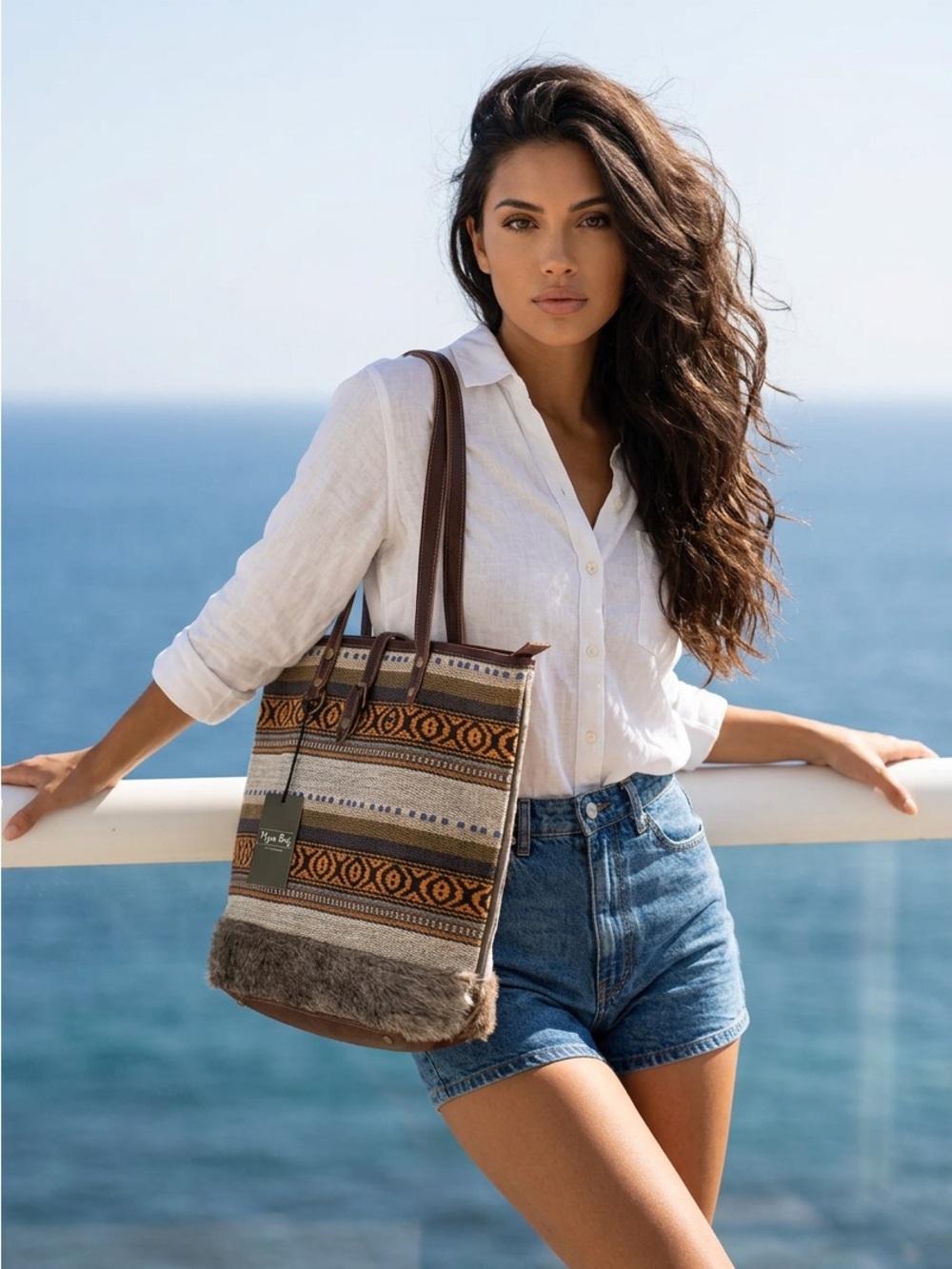 Myra Woven Pattern Tote Bag with Brown Trim - Picture 3 of 3